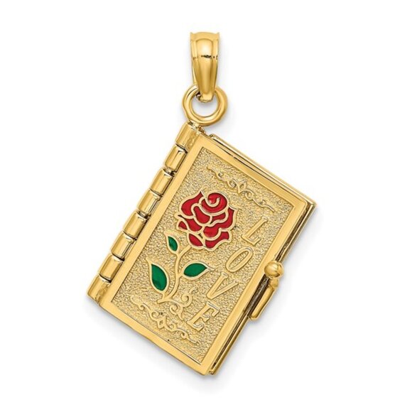 Million Charms Jewelry - 14k Yellow Gold Love Bible Verse Flower Book Pendant Moveable 3-D hinged emboss